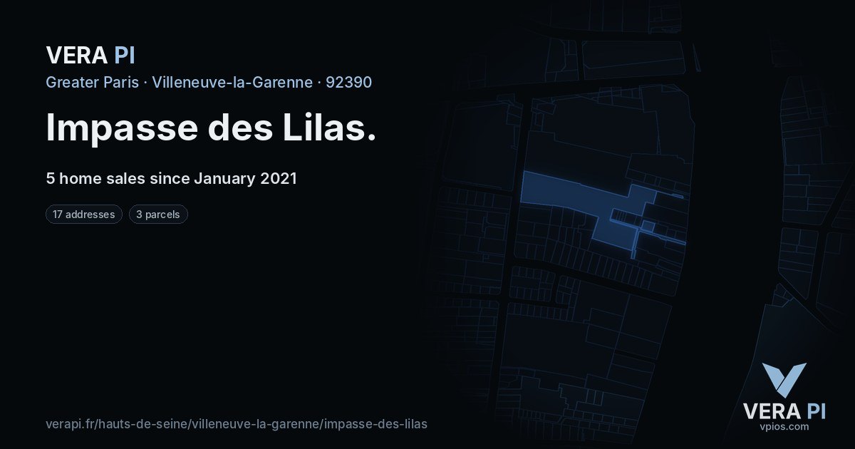 Impasse des Lilas, Villeneuve-la-Garenne at night – every parcel coloured by the prices around it, the street's own parcels lit