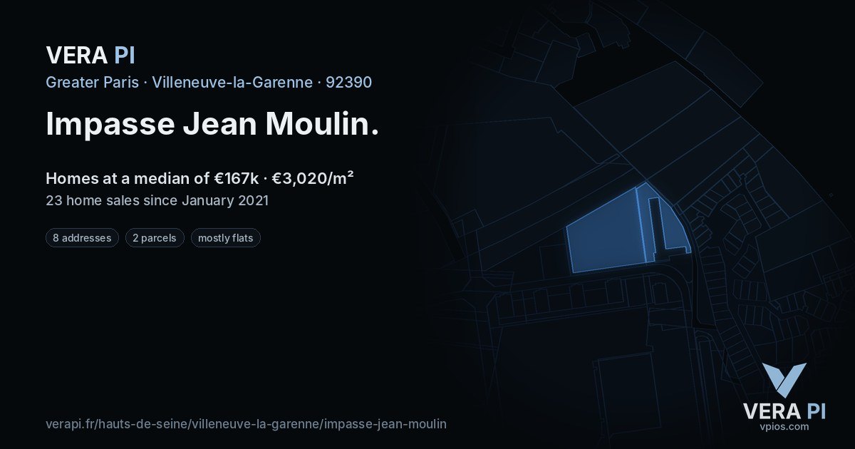 Impasse Jean Moulin, Villeneuve-la-Garenne at night – every parcel coloured by the prices around it, the street's own parcels lit