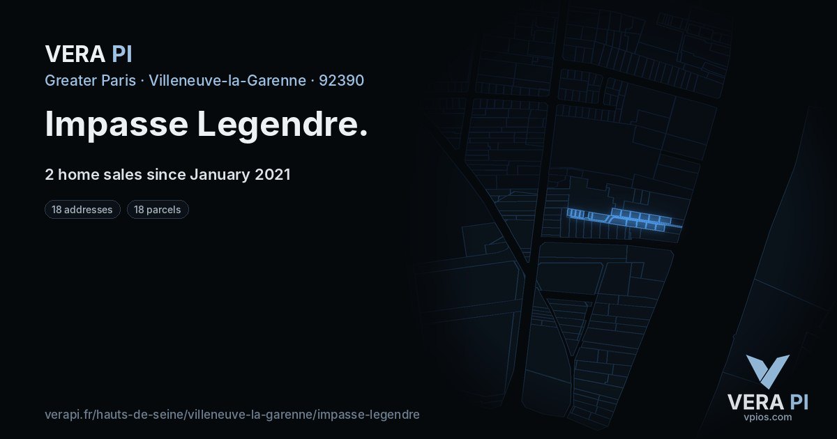 Impasse Legendre, Villeneuve-la-Garenne at night – every parcel coloured by the prices around it, the street's own parcels lit