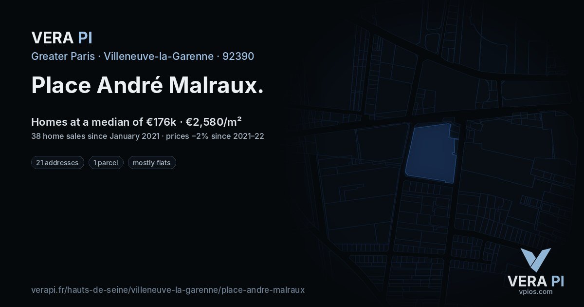 Place André Malraux, Villeneuve-la-Garenne at night – every parcel coloured by the prices around it, the street's own parcels lit