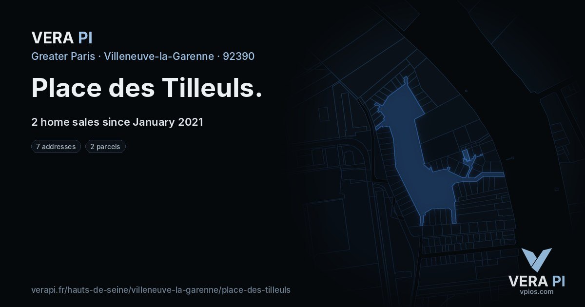 Place des Tilleuls, Villeneuve-la-Garenne at night – every parcel coloured by the prices around it, the street's own parcels lit
