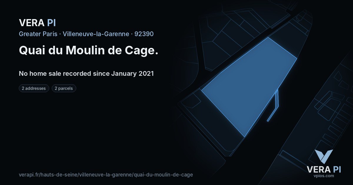 Quai du Moulin de Cage, Villeneuve-la-Garenne at night – every parcel coloured by the prices around it, the street's own parcels lit
