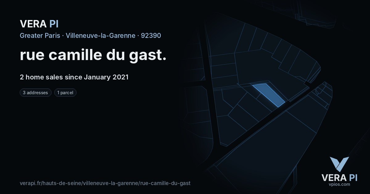 rue camille du gast, Villeneuve-la-Garenne at night – every parcel coloured by the prices around it, the street's own parcels lit