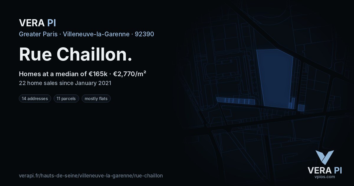 Rue Chaillon, Villeneuve-la-Garenne at night – every parcel coloured by the prices around it, the street's own parcels lit