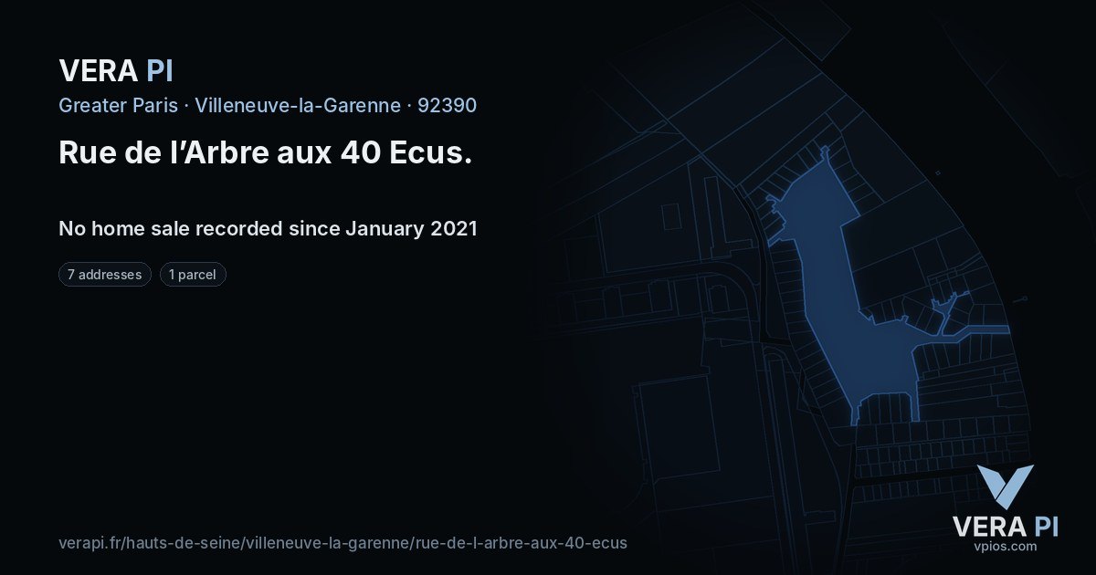 Rue de l’Arbre aux 40 Ecus, Villeneuve-la-Garenne at night – every parcel coloured by the prices around it, the street's own parcels lit