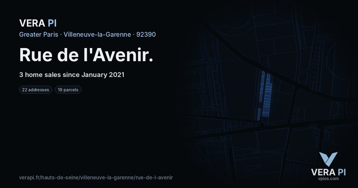 Rue de l'Avenir, Villeneuve-la-Garenne at night – every parcel coloured by the prices around it, the street's own parcels lit