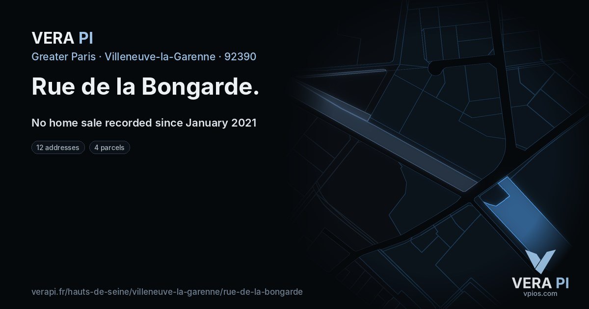 Rue de la Bongarde, Villeneuve-la-Garenne at night – every parcel coloured by the prices around it, the street's own parcels lit