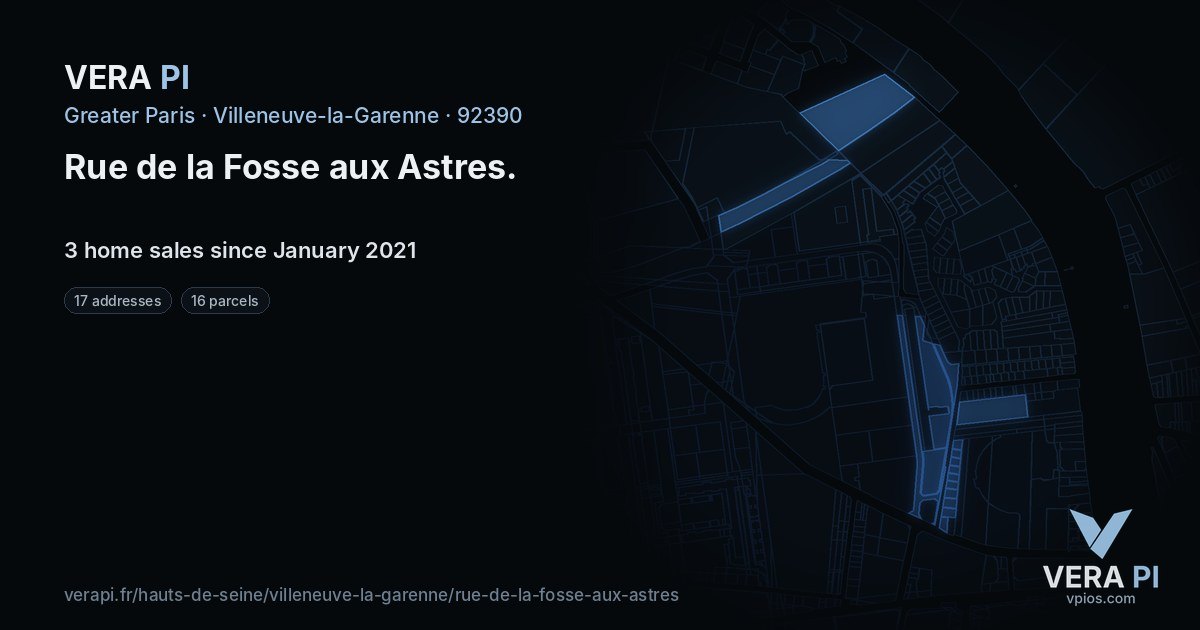 Rue de la Fosse aux Astres, Villeneuve-la-Garenne at night – every parcel coloured by the prices around it, the street's own parcels lit