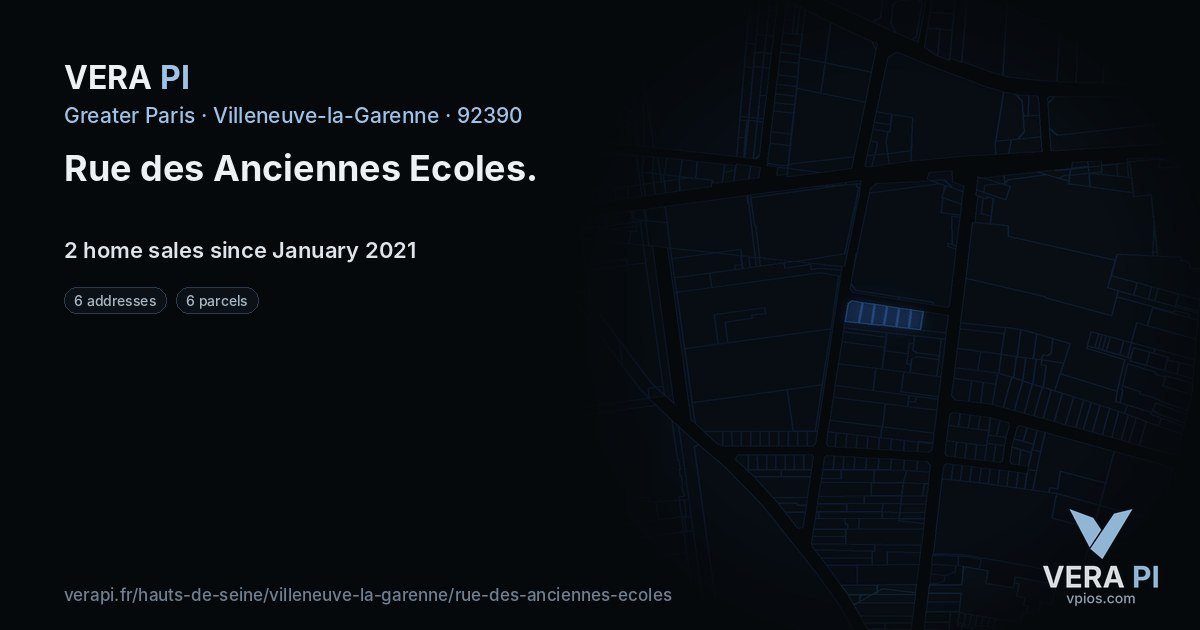 Rue des Anciennes Ecoles, Villeneuve-la-Garenne at night – every parcel coloured by the prices around it, the street's own parcels lit