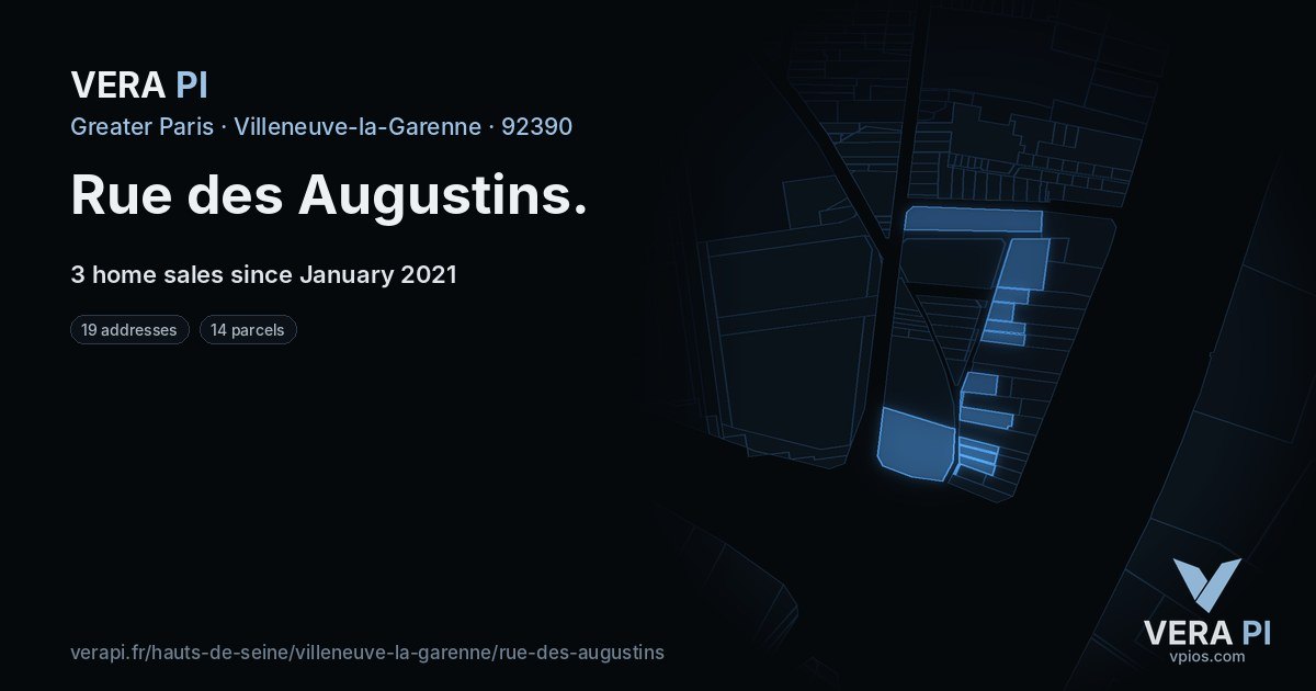 Rue des Augustins, Villeneuve-la-Garenne at night – every parcel coloured by the prices around it, the street's own parcels lit