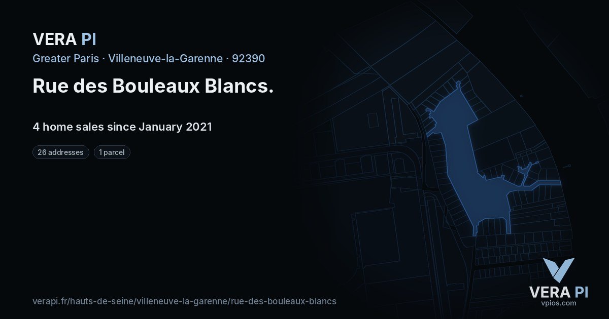 Rue des Bouleaux Blancs, Villeneuve-la-Garenne at night – every parcel coloured by the prices around it, the street's own parcels lit