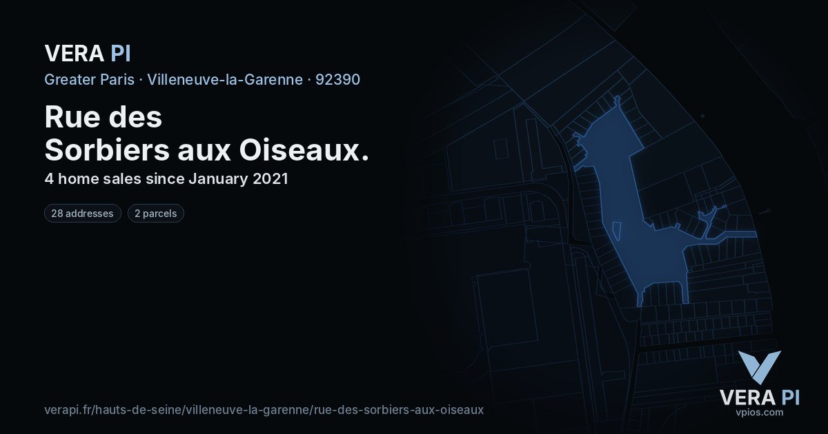 Rue des Sorbiers aux Oiseaux, Villeneuve-la-Garenne at night – every parcel coloured by the prices around it, the street's own parcels lit