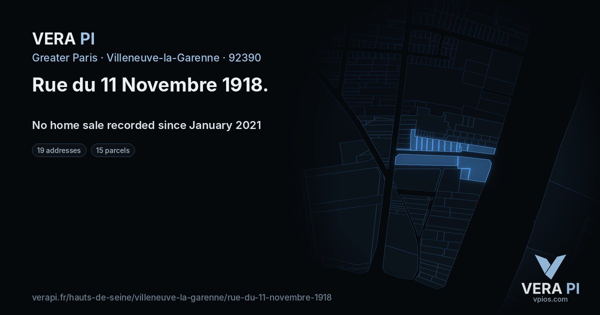 Rue du 11 Novembre 1918, Villeneuve-la-Garenne at night – every parcel coloured by the prices around it, the street's own parcels lit