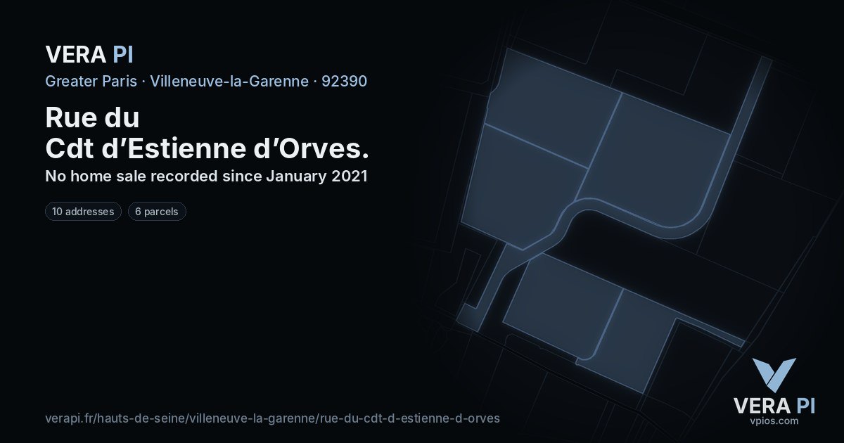 Rue du Cdt d’Estienne d’Orves, Villeneuve-la-Garenne at night – every parcel coloured by the prices around it, the street's own parcels lit