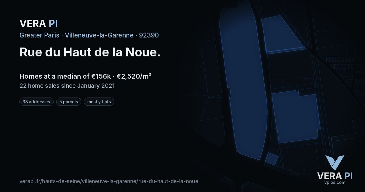 Rue du Haut de la Noue, Villeneuve-la-Garenne at night – every parcel coloured by the prices around it, the street's own parcels lit