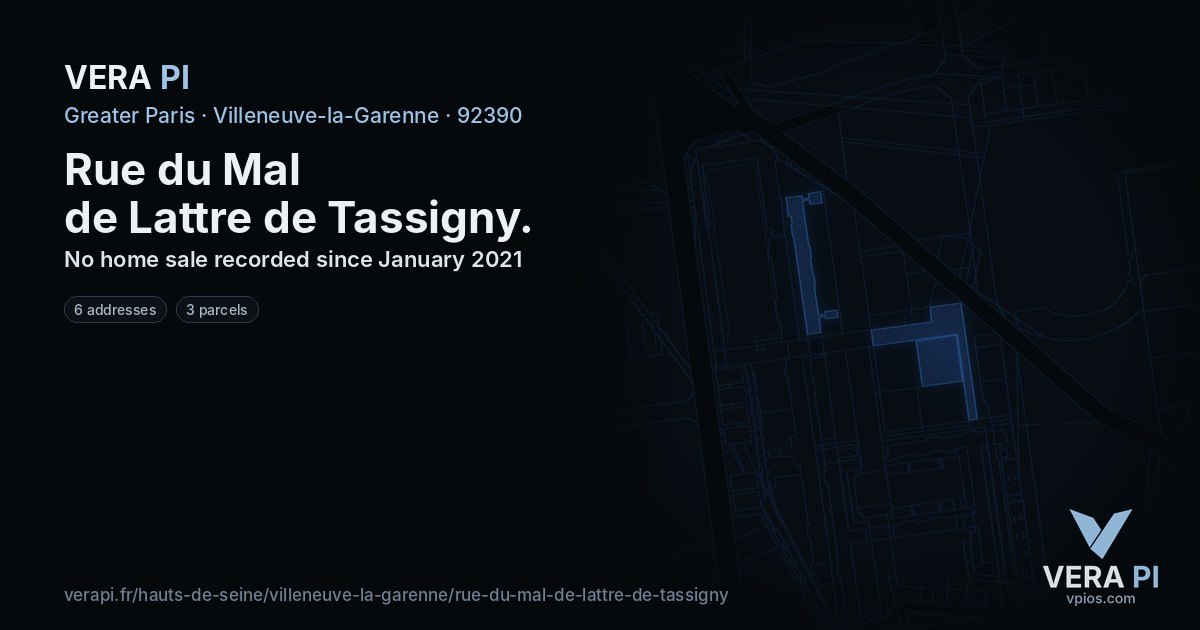 Rue du Mal de Lattre de Tassigny, Villeneuve-la-Garenne at night – every parcel coloured by the prices around it, the street's own parcels lit