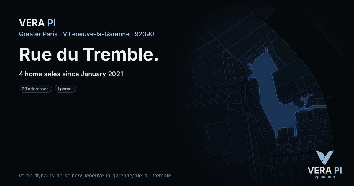 Rue du Tremble, Villeneuve-la-Garenne at night – every parcel coloured by the prices around it, the street's own parcels lit