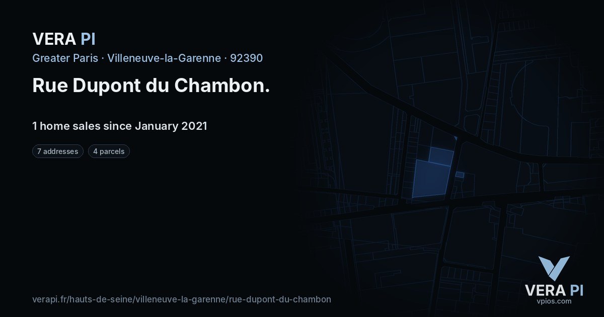 Rue Dupont du Chambon, Villeneuve-la-Garenne at night – every parcel coloured by the prices around it, the street's own parcels lit