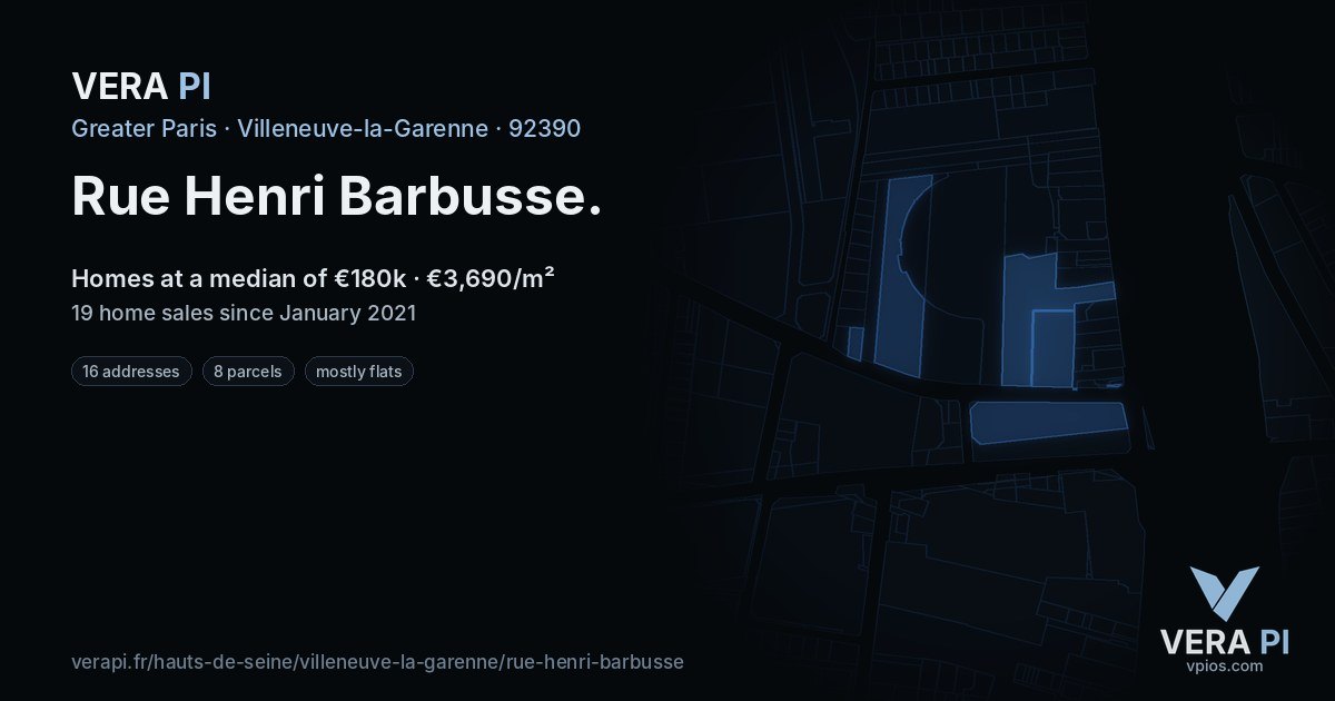 Rue Henri Barbusse, Villeneuve-la-Garenne at night – every parcel coloured by the prices around it, the street's own parcels lit