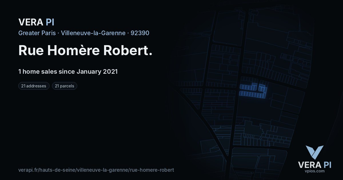 Rue Homère Robert, Villeneuve-la-Garenne at night – every parcel coloured by the prices around it, the street's own parcels lit
