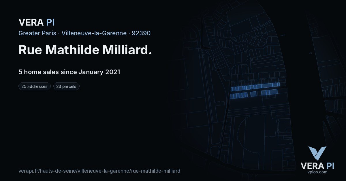 Rue Mathilde Milliard, Villeneuve-la-Garenne at night – every parcel coloured by the prices around it, the street's own parcels lit