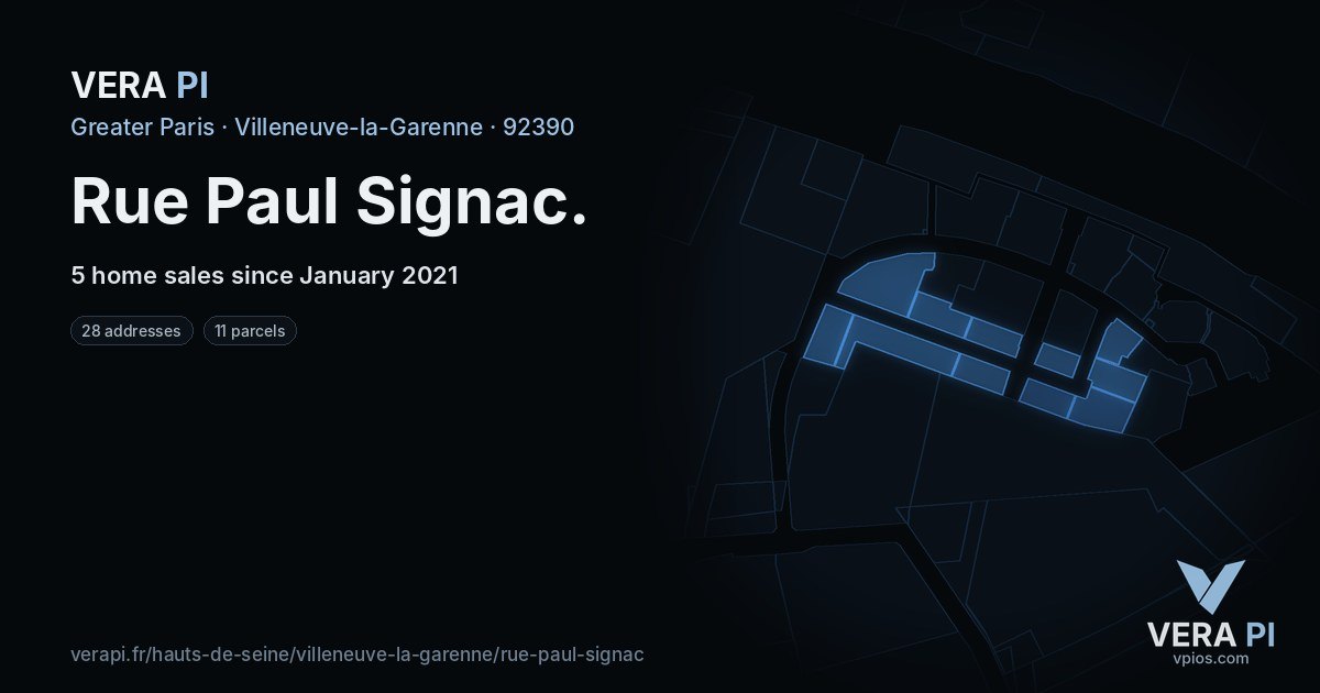 Rue Paul Signac, Villeneuve-la-Garenne at night – every parcel coloured by the prices around it, the street's own parcels lit