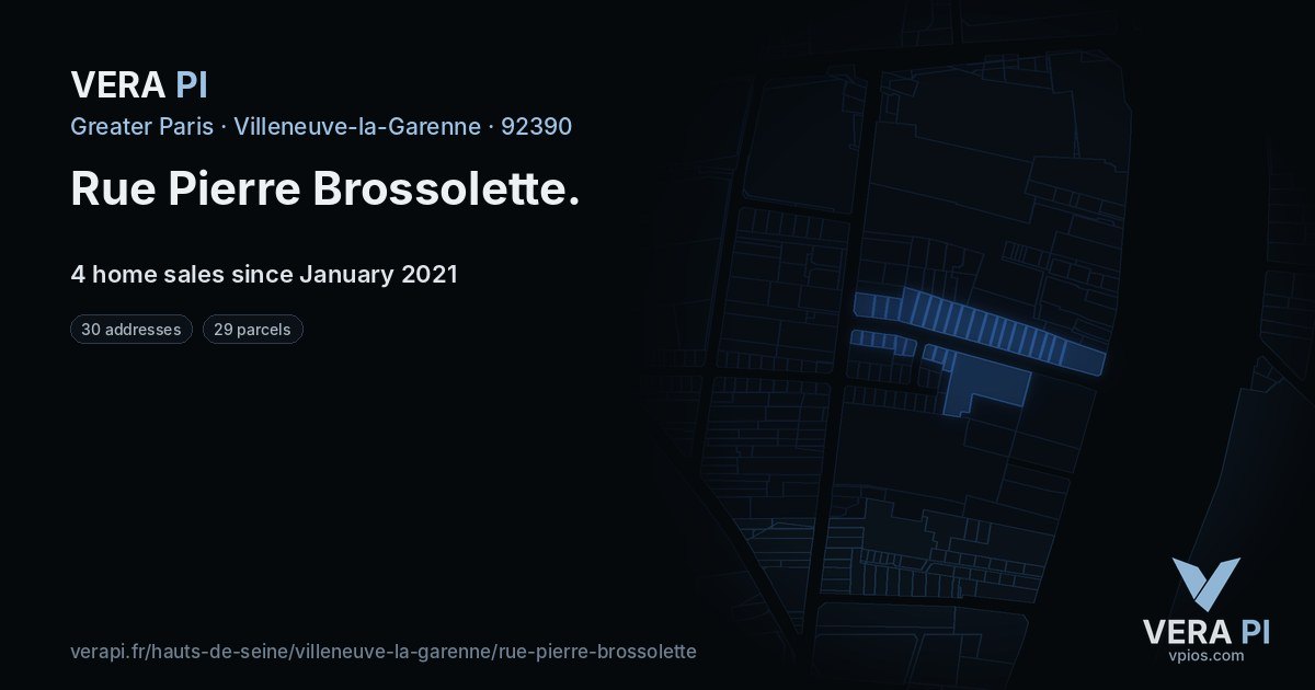 Rue Pierre Brossolette, Villeneuve-la-Garenne at night – every parcel coloured by the prices around it, the street's own parcels lit