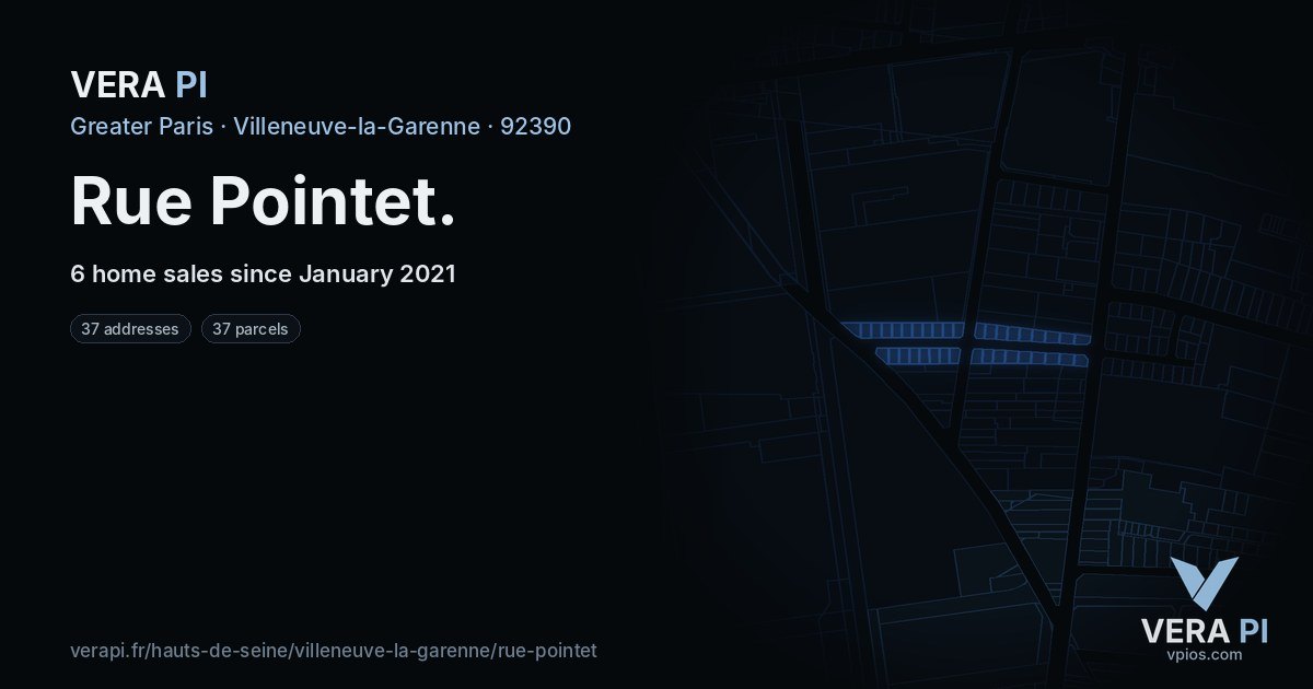 Rue Pointet, Villeneuve-la-Garenne at night – every parcel coloured by the prices around it, the street's own parcels lit