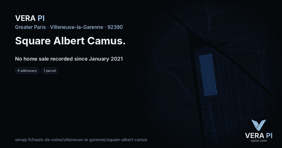 Square Albert Camus, Villeneuve-la-Garenne at night – every parcel coloured by the prices around it, the street's own parcels lit
