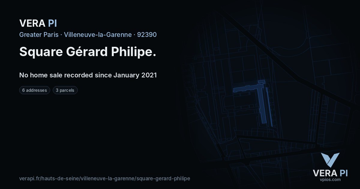 Square Gérard Philipe, Villeneuve-la-Garenne at night – every parcel coloured by the prices around it, the street's own parcels lit