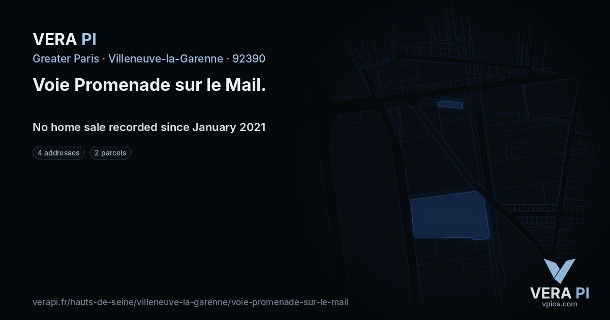 Voie Promenade sur le Mail, Villeneuve-la-Garenne at night – every parcel coloured by the prices around it, the street's own parcels lit