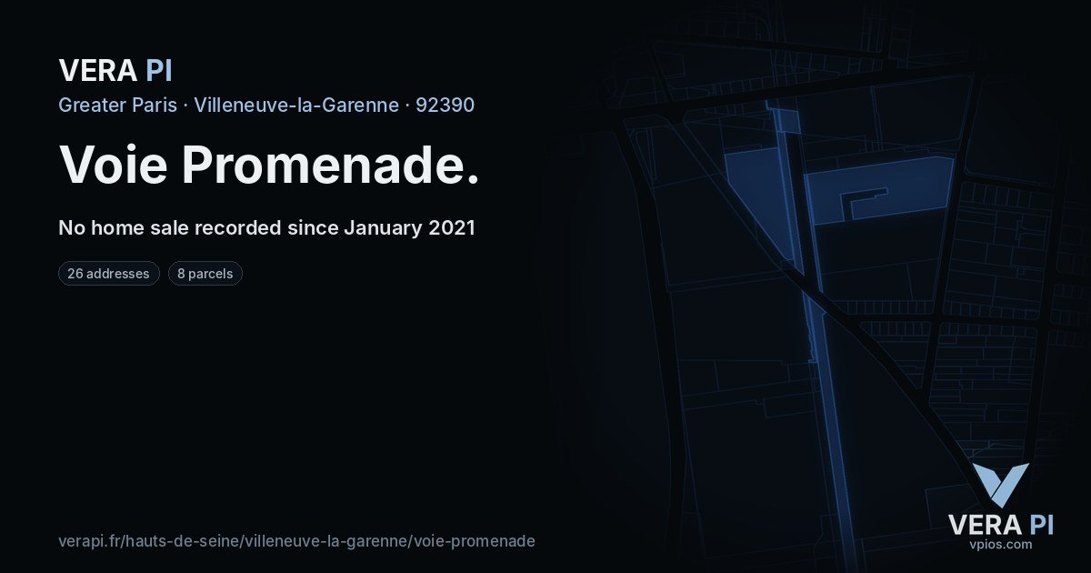 Voie Promenade, Villeneuve-la-Garenne at night – every parcel coloured by the prices around it, the street's own parcels lit