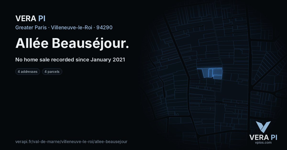 Allée Beauséjour, Villeneuve-le-Roi at night – every parcel coloured by the prices around it, the street's own parcels lit