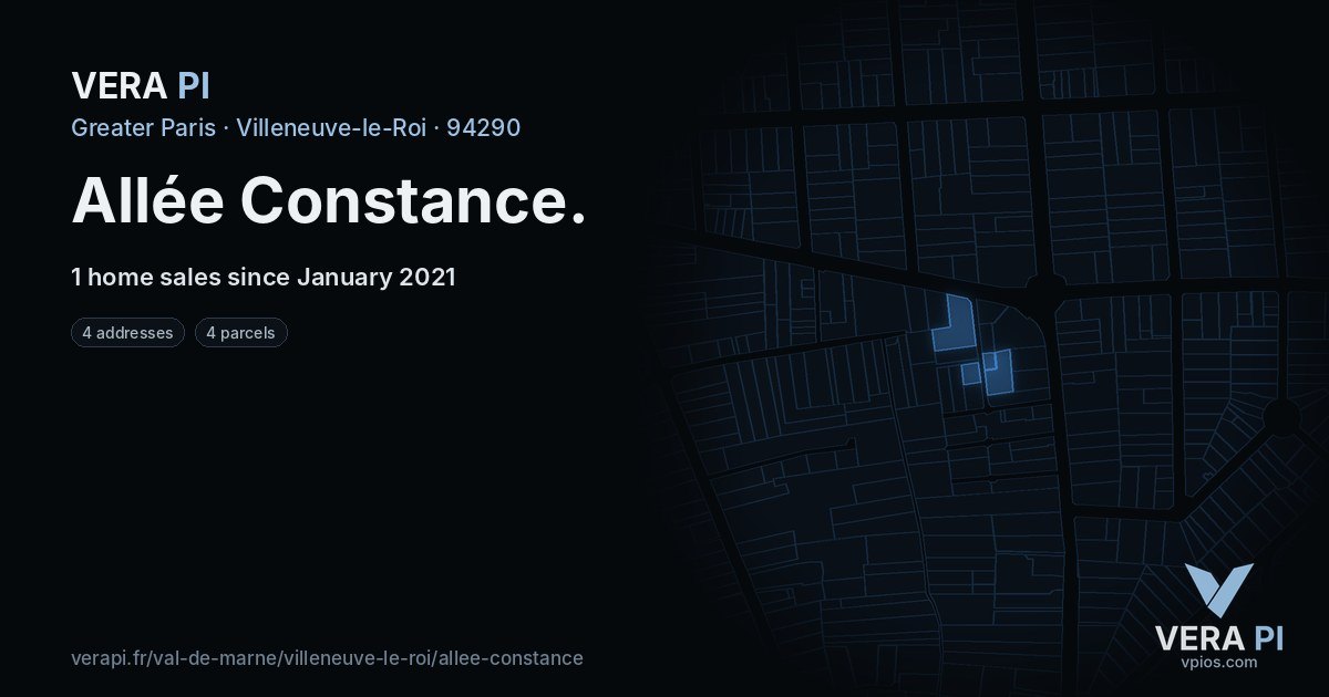Allée Constance, Villeneuve-le-Roi at night – every parcel coloured by the prices around it, the street's own parcels lit