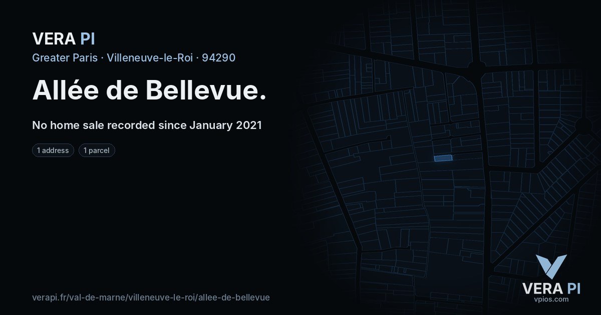 Allée de Bellevue, Villeneuve-le-Roi at night – every parcel coloured by the prices around it, the street's own parcels lit