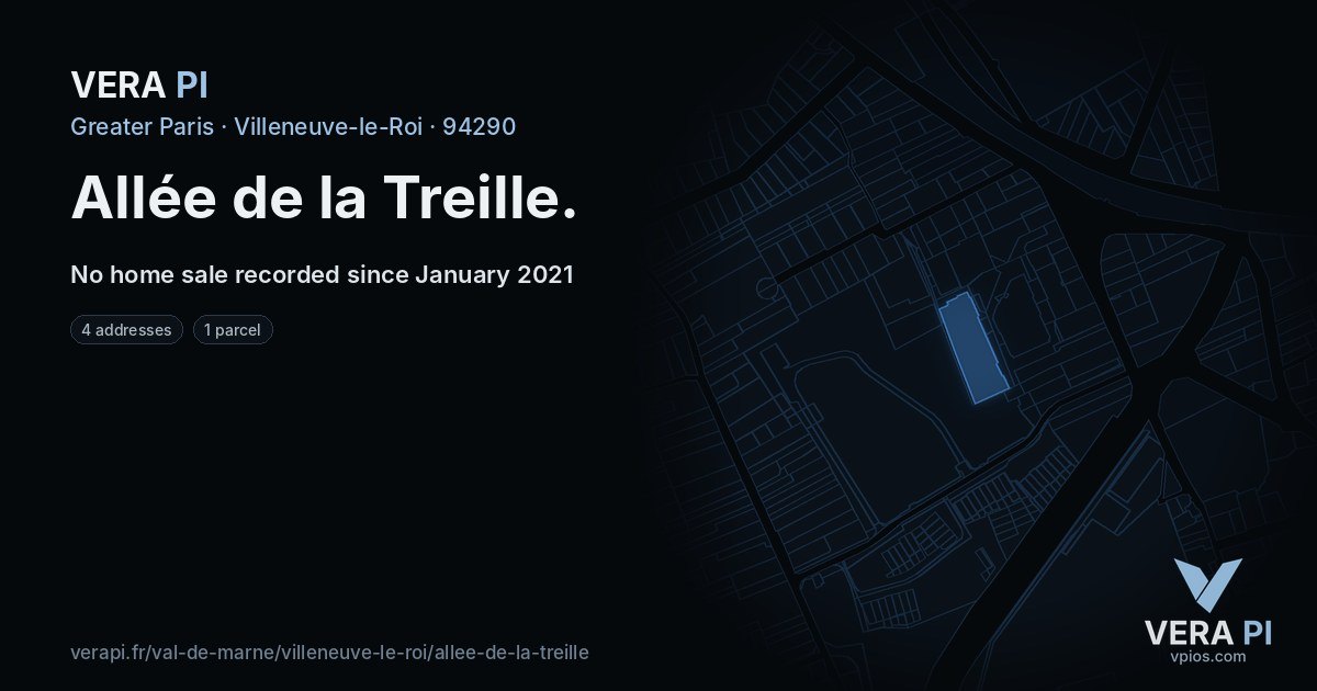 Allée de la Treille, Villeneuve-le-Roi at night – every parcel coloured by the prices around it, the street's own parcels lit