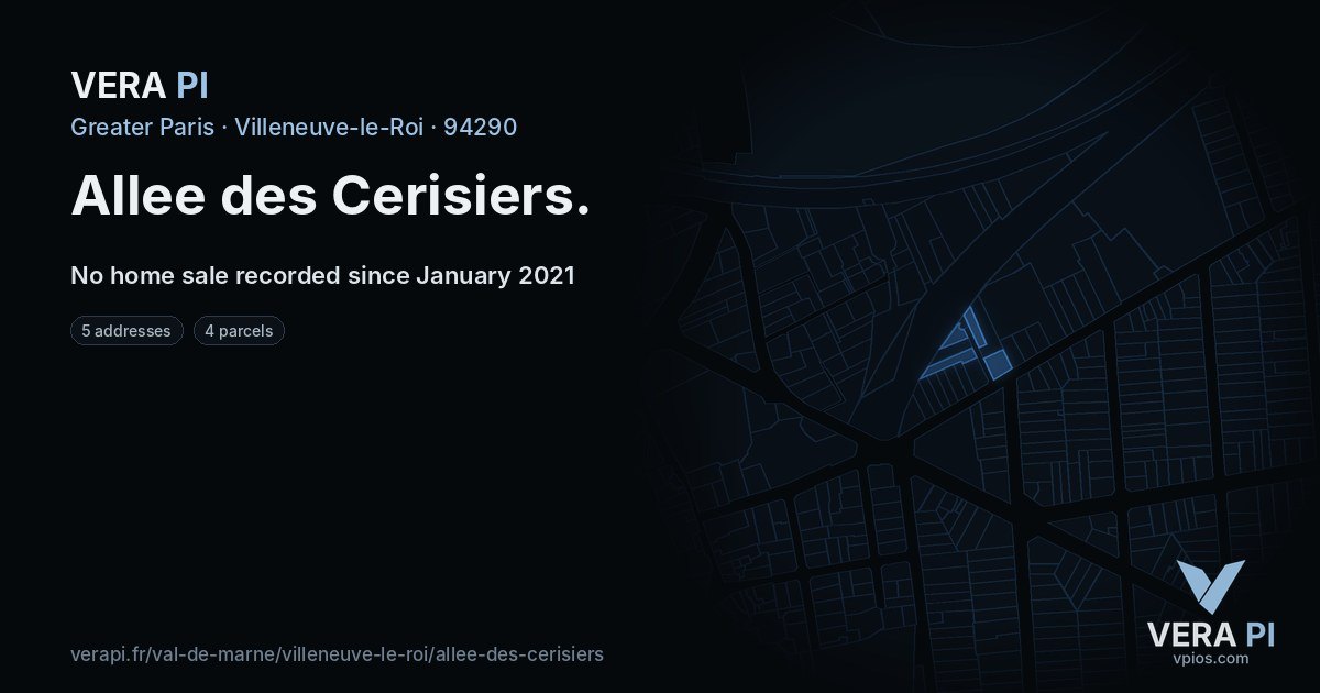 Allee des Cerisiers, Villeneuve-le-Roi at night – every parcel coloured by the prices around it, the street's own parcels lit