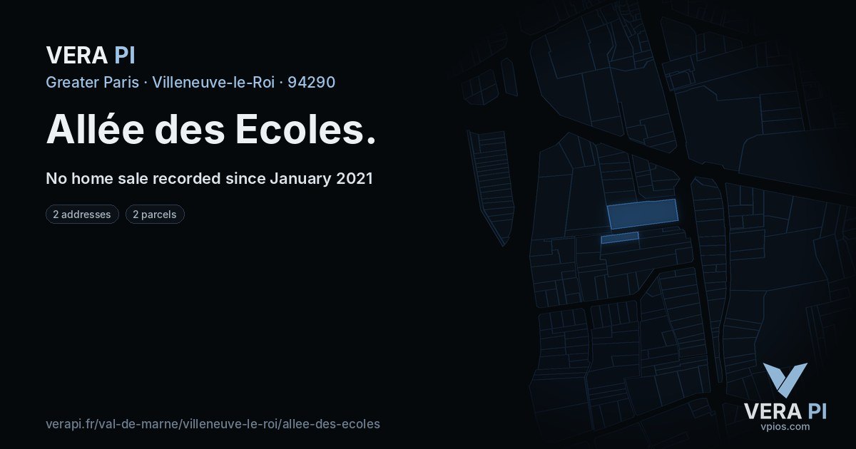Allée des Ecoles, Villeneuve-le-Roi at night – every parcel coloured by the prices around it, the street's own parcels lit