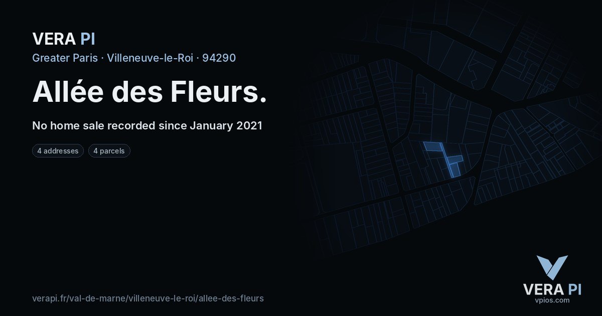 Allée des Fleurs, Villeneuve-le-Roi at night – every parcel coloured by the prices around it, the street's own parcels lit