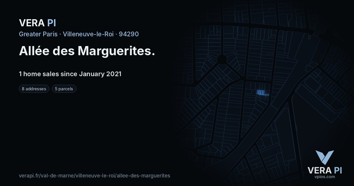 Allée des Marguerites, Villeneuve-le-Roi at night – every parcel coloured by the prices around it, the street's own parcels lit