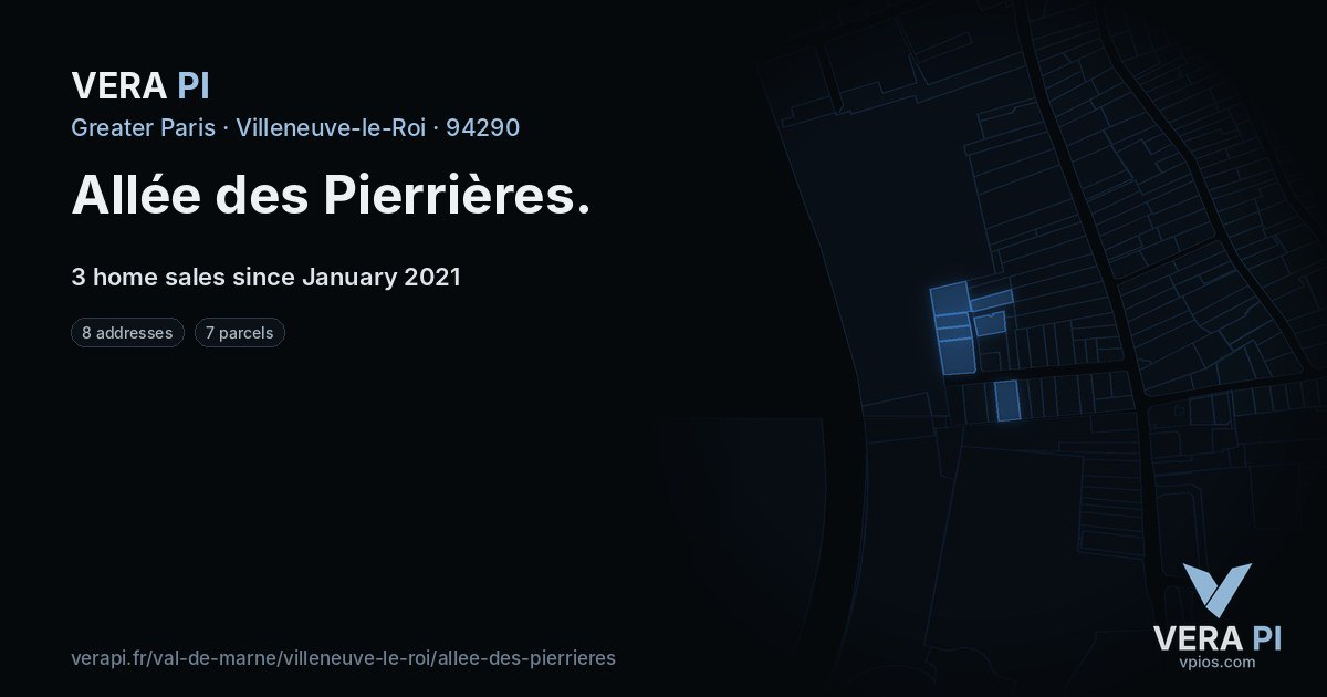 Allée des Pierrières, Villeneuve-le-Roi at night – every parcel coloured by the prices around it, the street's own parcels lit