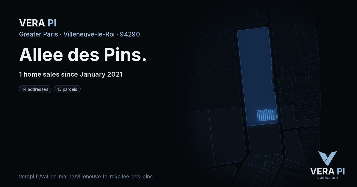 Allee des Pins, Villeneuve-le-Roi at night – every parcel coloured by the prices around it, the street's own parcels lit
