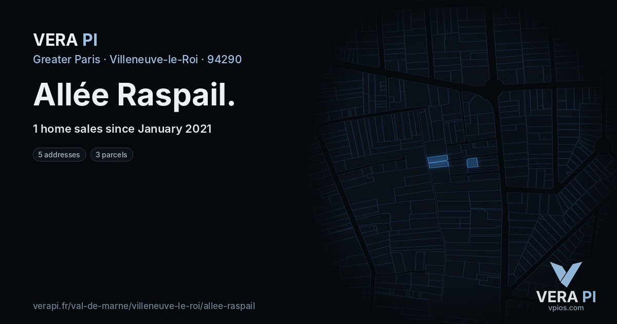 Allée Raspail, Villeneuve-le-Roi at night – every parcel coloured by the prices around it, the street's own parcels lit