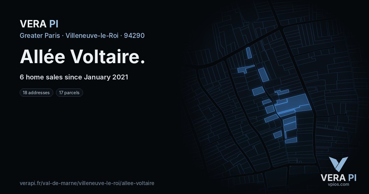 Allée Voltaire, Villeneuve-le-Roi at night – every parcel coloured by the prices around it, the street's own parcels lit