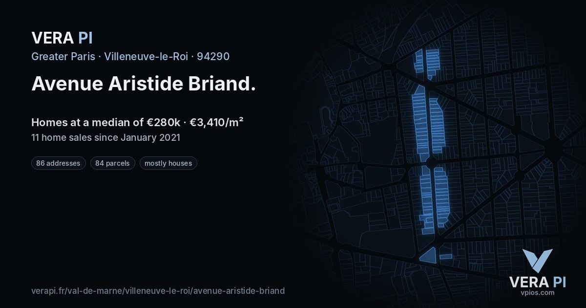Avenue Aristide Briand, Villeneuve-le-Roi at night – every parcel coloured by the prices around it, the street's own parcels lit