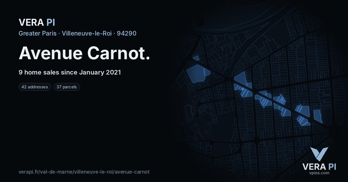Avenue Carnot, Villeneuve-le-Roi at night – every parcel coloured by the prices around it, the street's own parcels lit