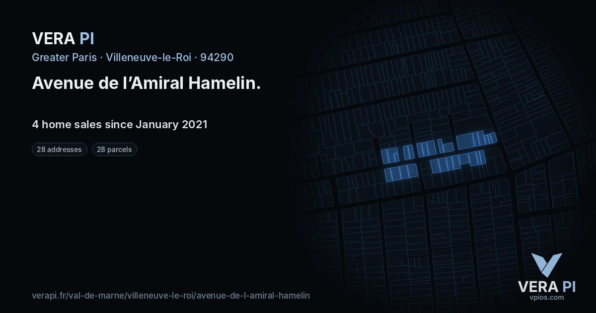 Avenue de l’Amiral Hamelin, Villeneuve-le-Roi at night – every parcel coloured by the prices around it, the street's own parcels lit