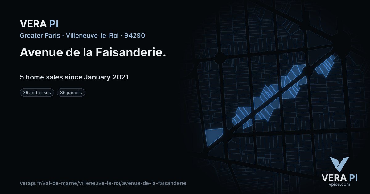 Avenue de la Faisanderie, Villeneuve-le-Roi at night – every parcel coloured by the prices around it, the street's own parcels lit