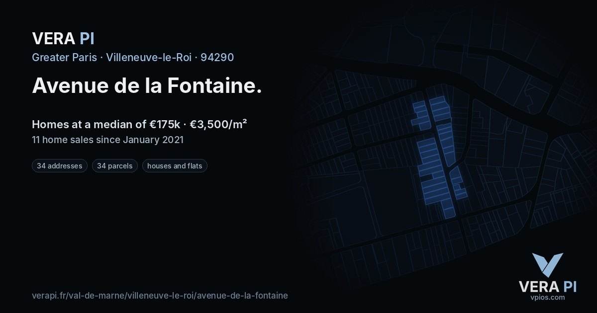Avenue de la Fontaine, Villeneuve-le-Roi at night – every parcel coloured by the prices around it, the street's own parcels lit