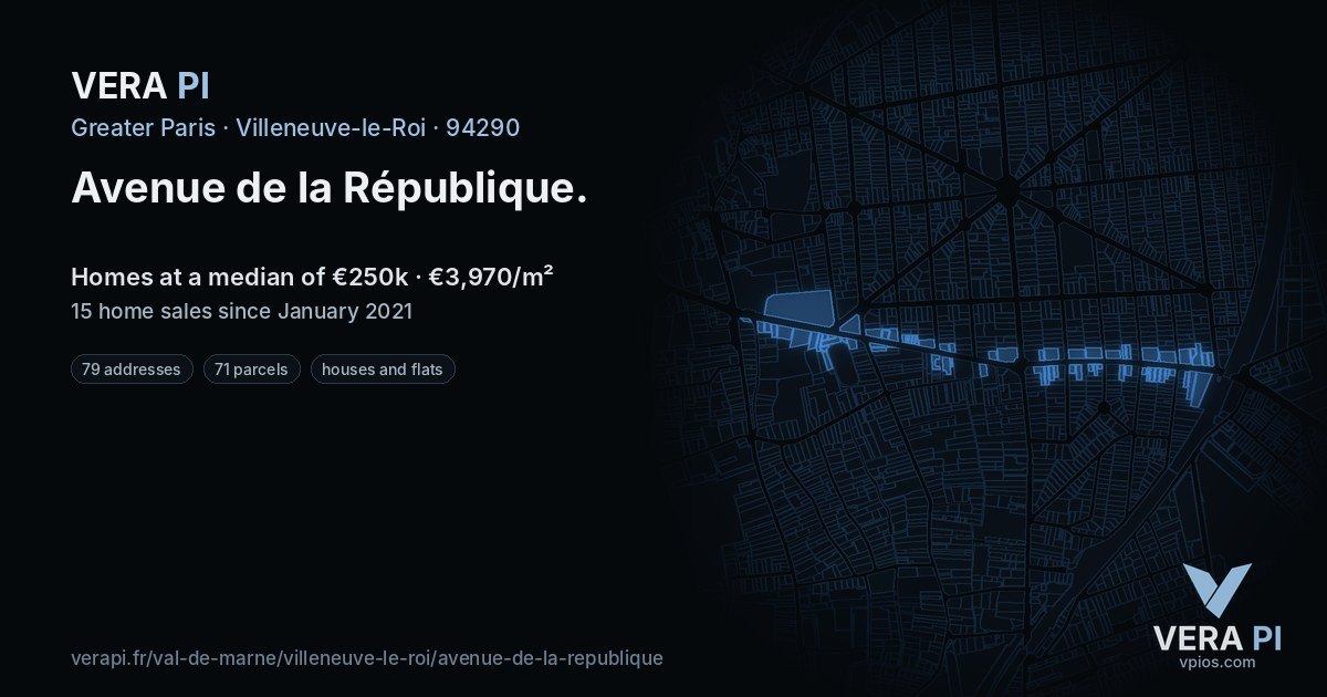 Avenue de la République, Villeneuve-le-Roi at night – every parcel coloured by the prices around it, the street's own parcels lit